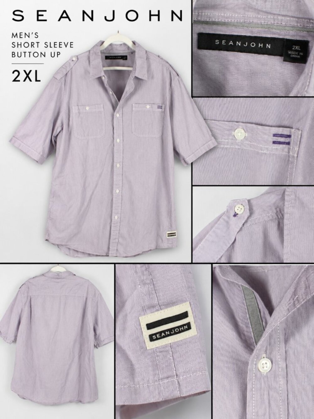 Sean John Men's Lavender Striped Short Sleeve Epaulet Shirt 2XL